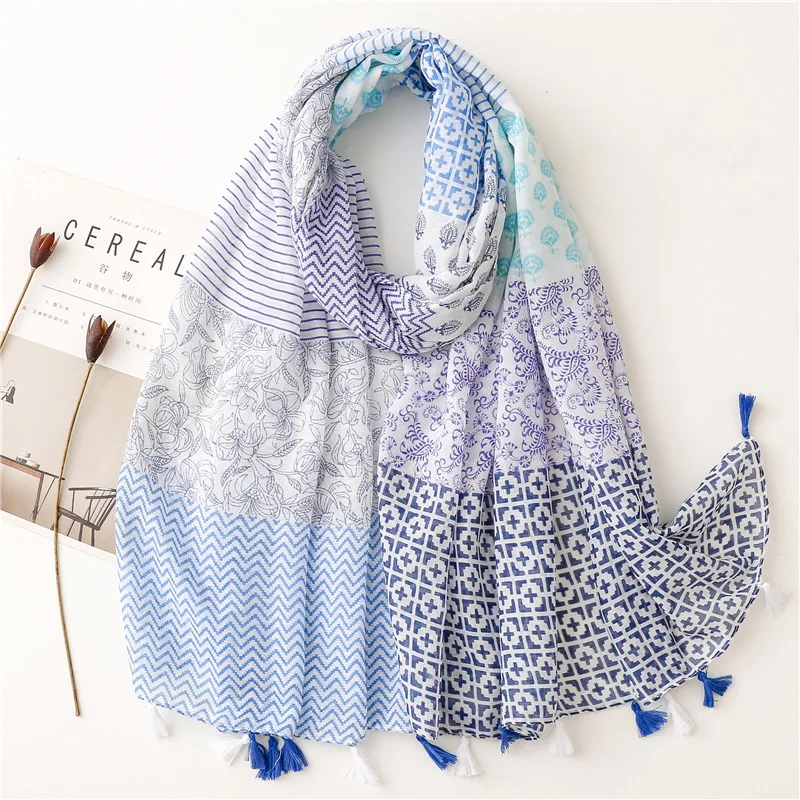 Mori girl Japan style long blue geometric print patchwork scarf luxury brands hijabs women's neck scarves