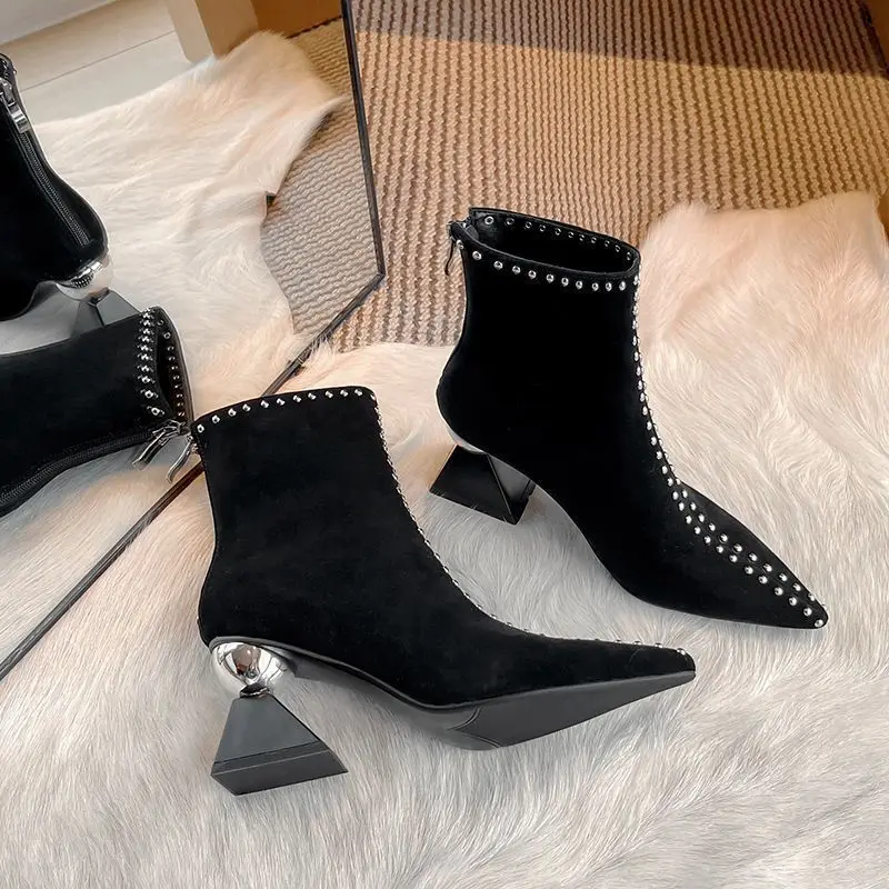 

Faionable Mat Fini Pointed Toe High Heel Ankle Booties for Women Autumn Winter Thin Booties Side Zipper Korean Sle Boots