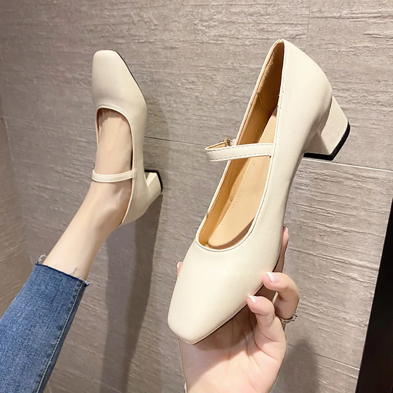 Shoes Woman 2024 Casual Female Sneakers Square Toe Shallow Mouth Flats New Retro Nurse Dress On Heels Office Lady High Mary Jane