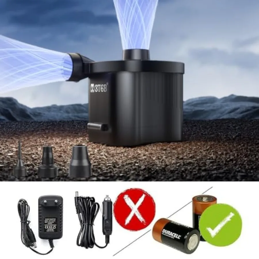 3T6B Elektrische luchtpomp voor opblaasboten Draadloze luchtpomp op batterijen voor matras met 3 mondstukken QuickFill Blower-inflator