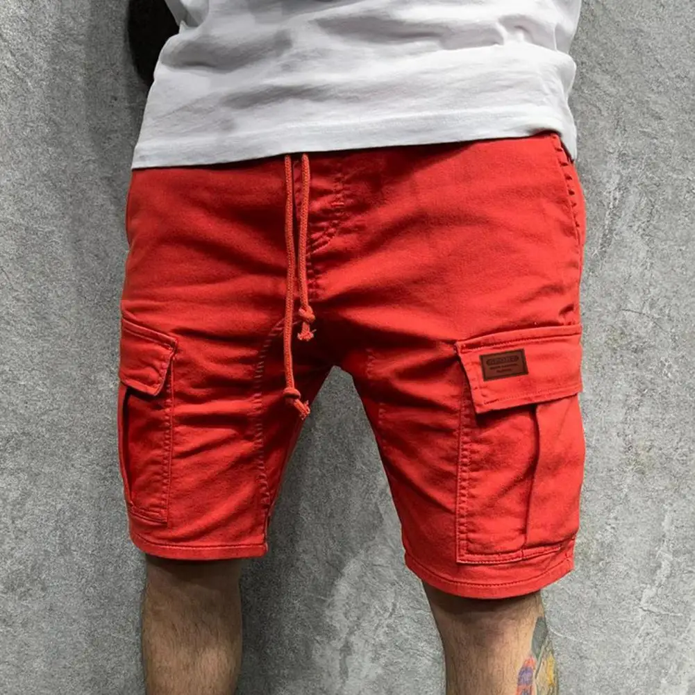 Men Shorts Drawstring Straight Wide Leg Multi Pockets Cargo Shorts Solid Color Vintage Mid Waistsports Casual Pants Sweatpants