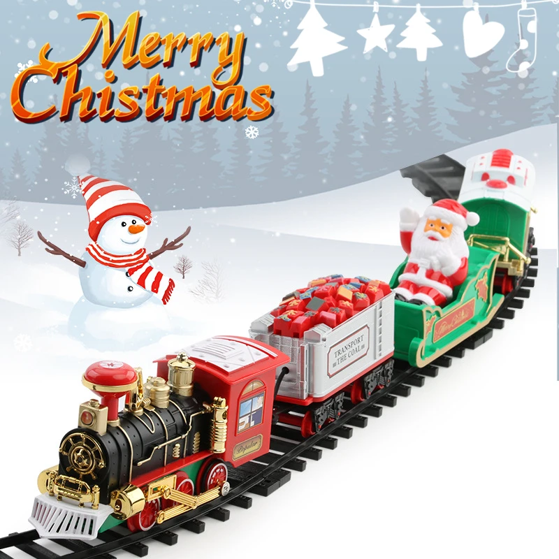 Christmas Train Electric Toys Christmas Tree Decoration Train Track Frame Railway Car with Sound&Light Rail Car Christmas Gifts