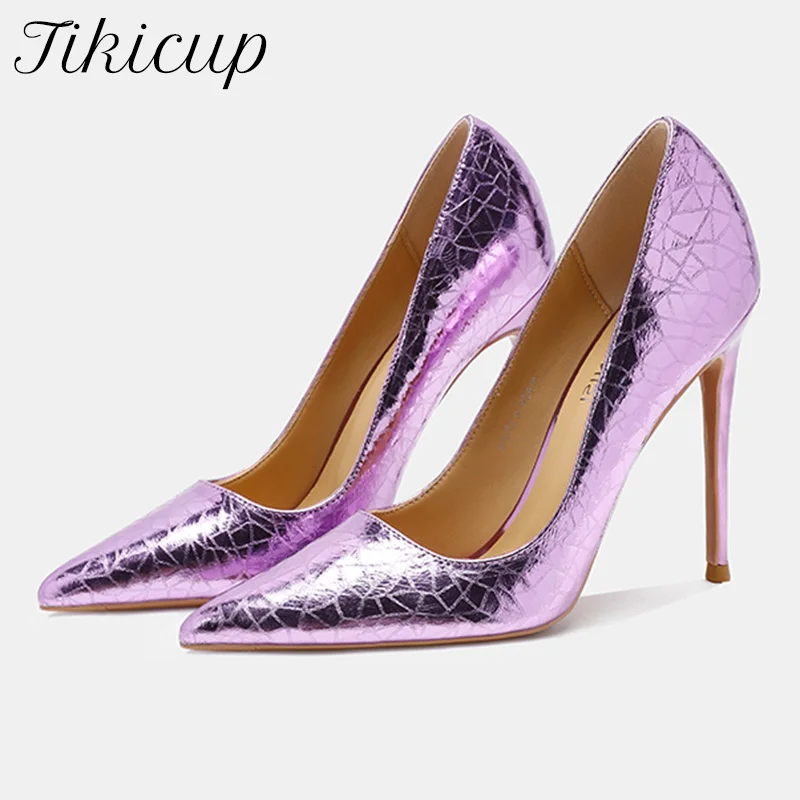 

Tikicup/12 см пикантные блестящие фиолетовые туфли-лодочки из натуральной кожи на шпильке с острым носком на высоком каблуке для женщин, элегантная обувь