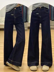 Deep Blue Wide Leg Jeans Women's Spring plus Size Lazy Straight Long Pants High Waist Slimming Floor Length Casual Denim