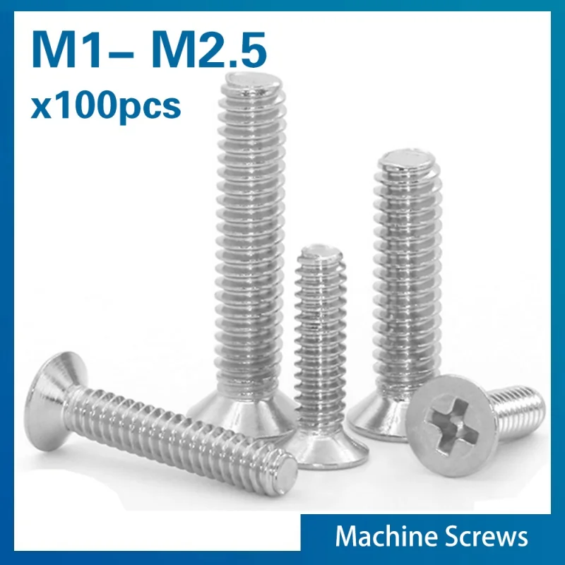 100Pcs/Lot 304 Stainless Steel GB819 Cross Phillips Flat Countersunk Head Screw Bolt mini Screws M1 M1.2 ~M2.5