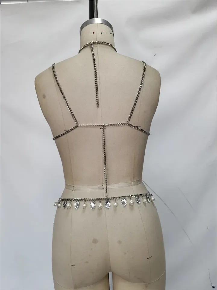 New European And American Style Pearl Vest, Sexy Metallic Women's Multi-Layer Top, Bra, Chest Chain 3-Piece Set