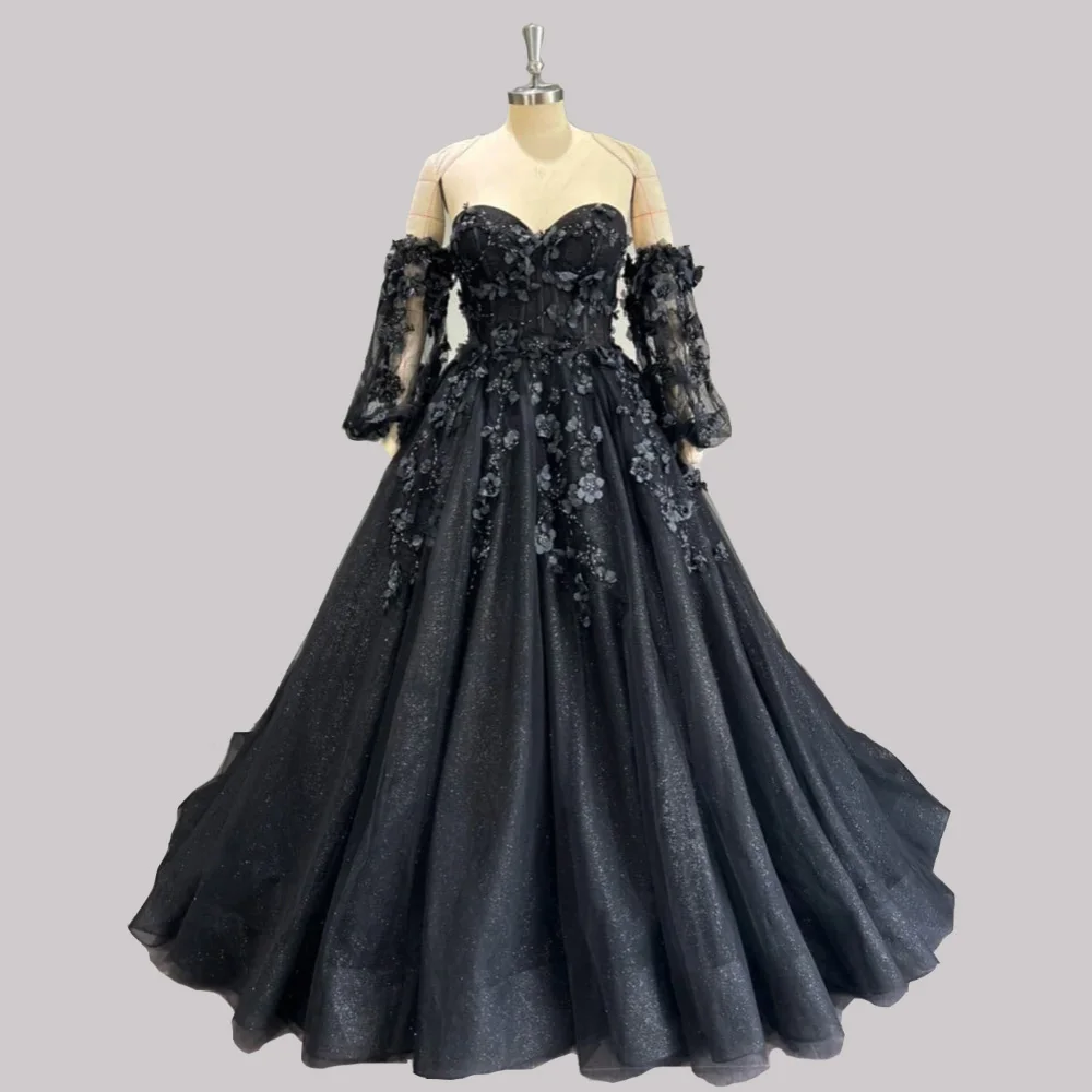 Vestido de novia negro para mujer, mangas abullonadas desmontables, escote Corazón, flores 3D, baile de tul brillante, vestido de novia gótico