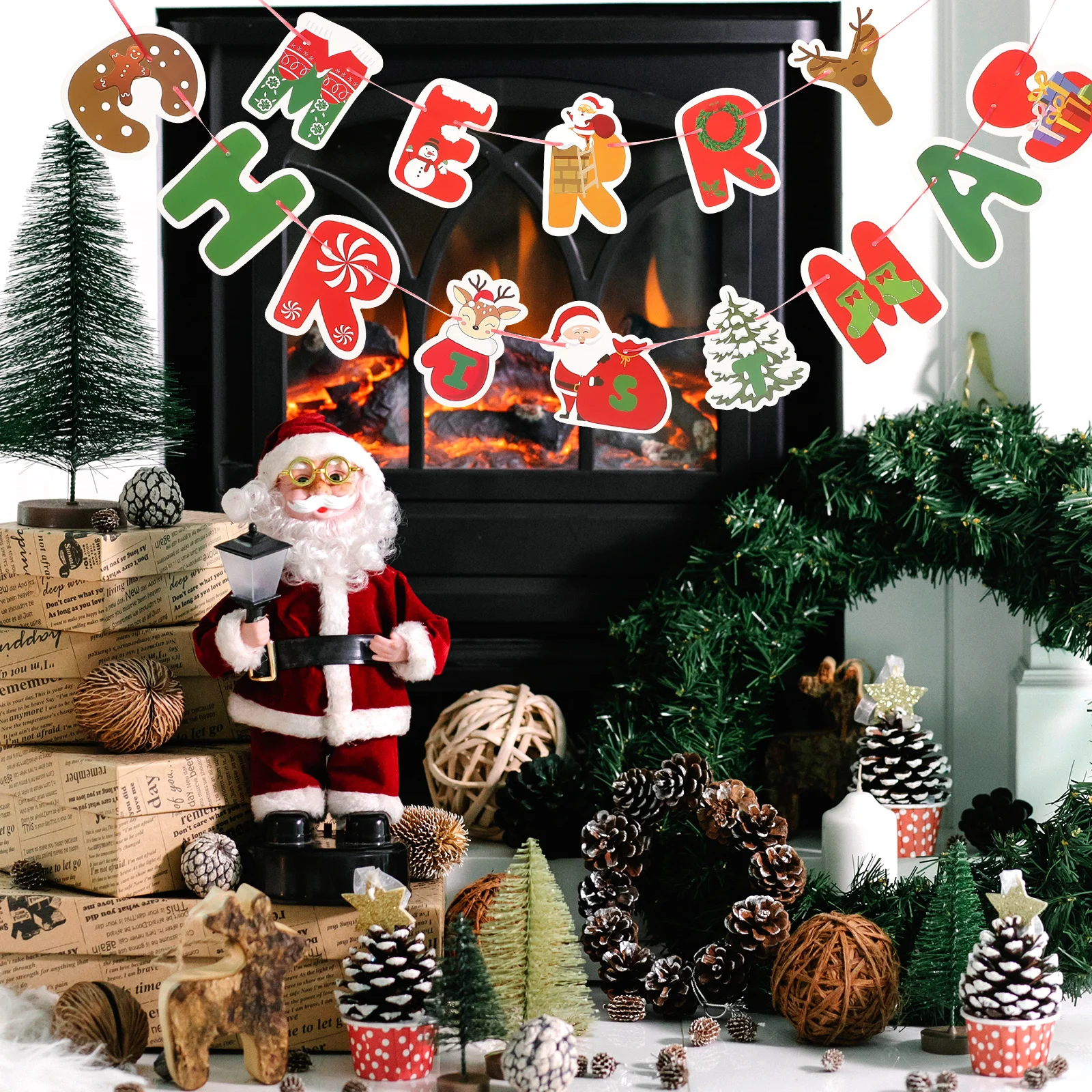 

1Set Christmas Banner Paper Hanging Party Decorations Cake Picks Festive Holiday Banner Decor Christmas DIY Cake Picks