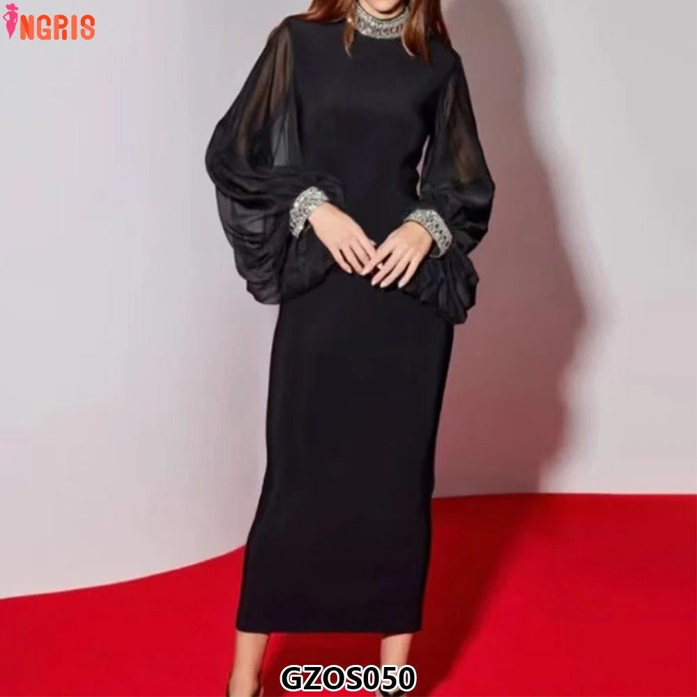

Women Stand Collar Patchwork Lantern Sleeve Bodycon Elegant Long Birthday Party Dresses-GZOS050