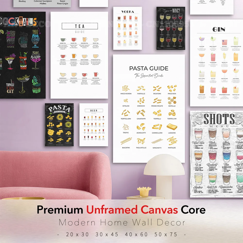 Bar Guide Wall Decor Canvas Poster Multi Wine Tea Pasta Beer Shots Essential Guide Restaurant Wine Cellar Home Decor Gift