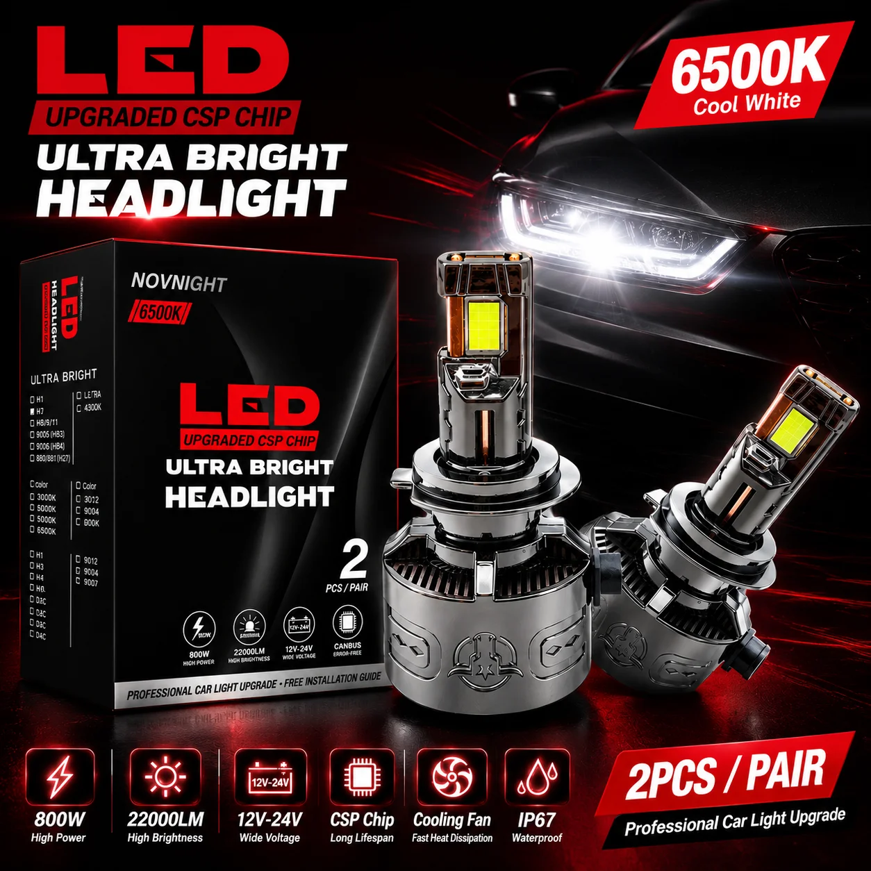 H7 D1S D2S LED Headlight 22000LM 4800K Bright White Bulbs 2PCS Efficient Copper Cooling Car Replacement Lamp