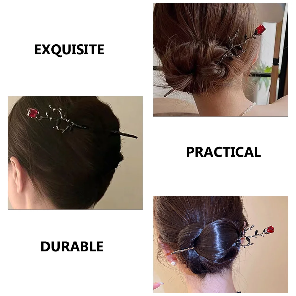 

2pcs Metal Flower Sticks Rose Alloy Hairpins For Women Chignon Bun Styling Accessories Elegant Hair Chopstick Pins Durable Hair