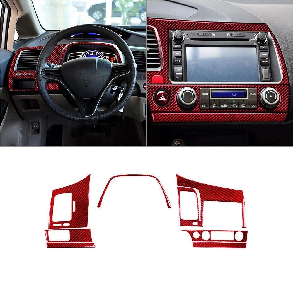 For Honda Civic 8th 2006 2007 2008 2009 2010 2011 Red Carbon Fiber Dashboard Window Lift Interior Full Set Cover Trim Sticker