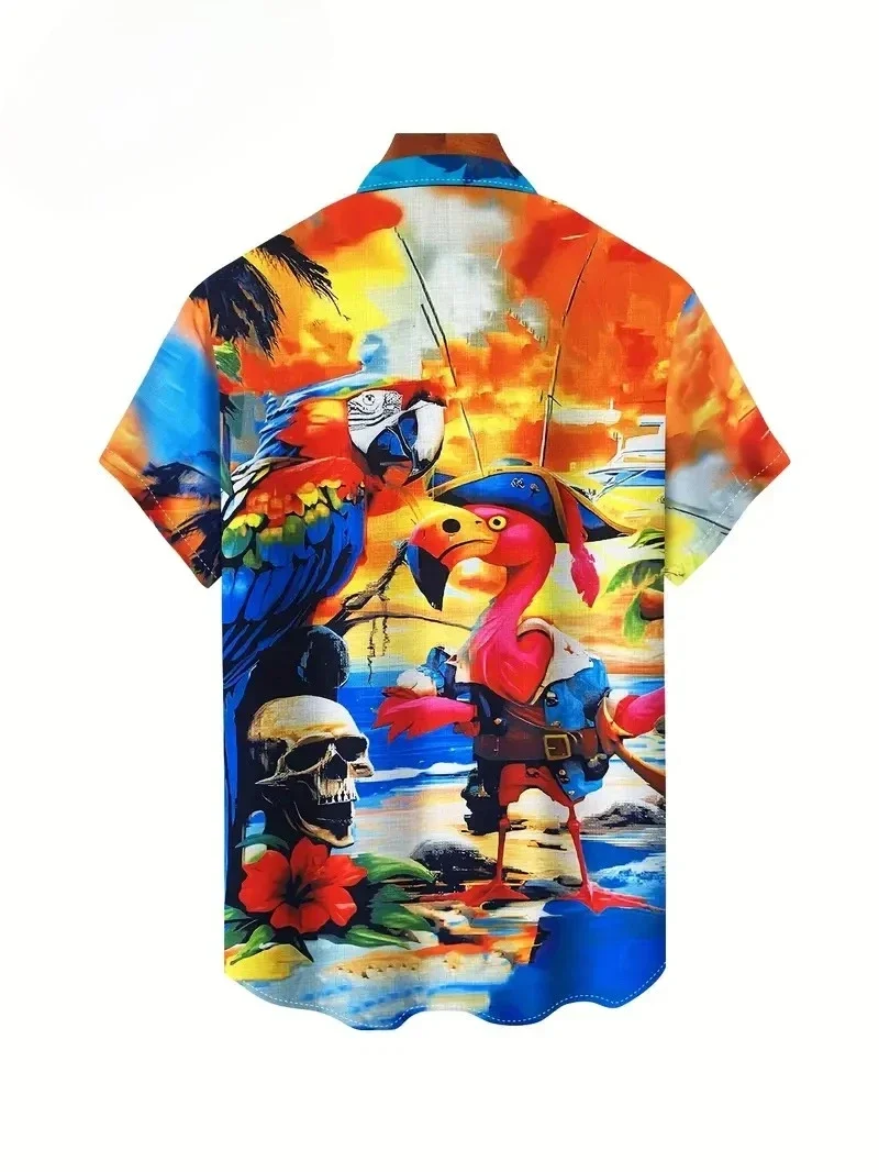 Men Pirate Flamingo Parrot Hawaiian Shirt Short Sleeve Button Up Summer Beach Vacation Tops