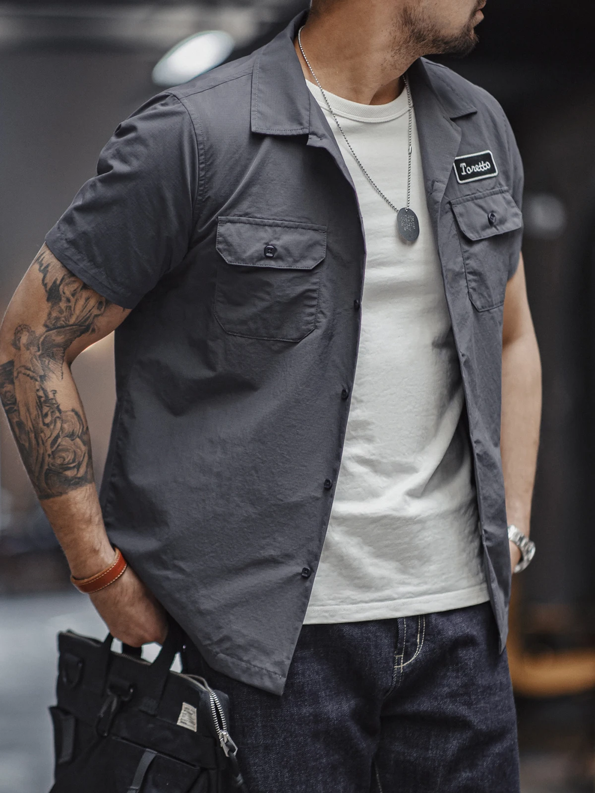 

Maden American Retro Toretto Hard Man Short Sleeve Shirt Deep Grey Collar Thin Men's Summer Breathable Standard Fit Workwear