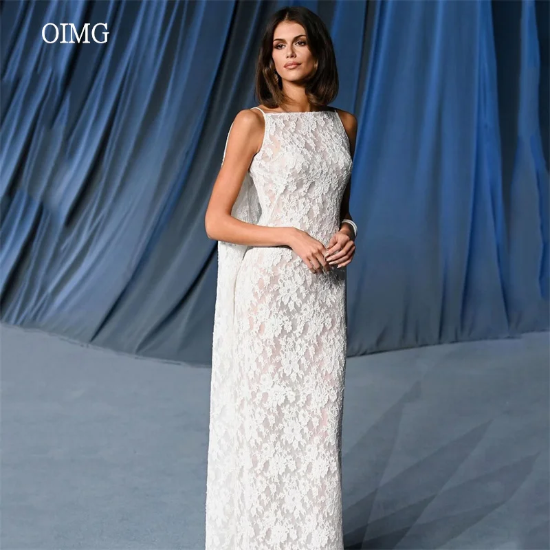 

OIMG Simple Lace Mermaid Prom Gowns Sleeveless Party Gown Floor Length Cap Evening Dress فساتين سهرة Customized