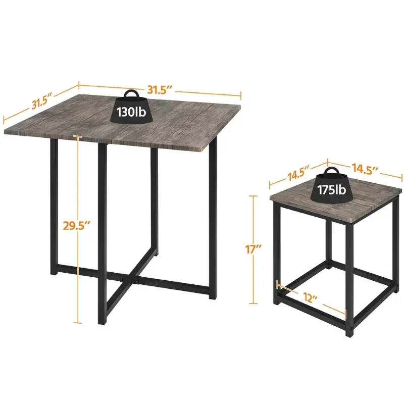 Conjunto de jantar com mesa quadrada industrial, 4 cadeiras sem encosto, Drift Brown, 5pcs