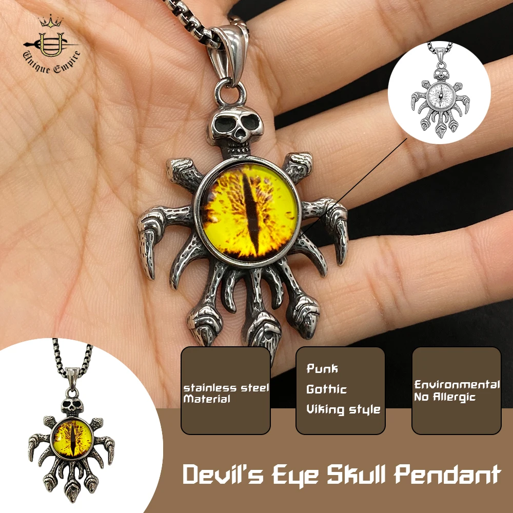 

Devil's Eye Skull Pendant NecklaceVintage Gothic Skeleton with Yellow Eyes Stainless Steel Chain Halloween Party Accessory