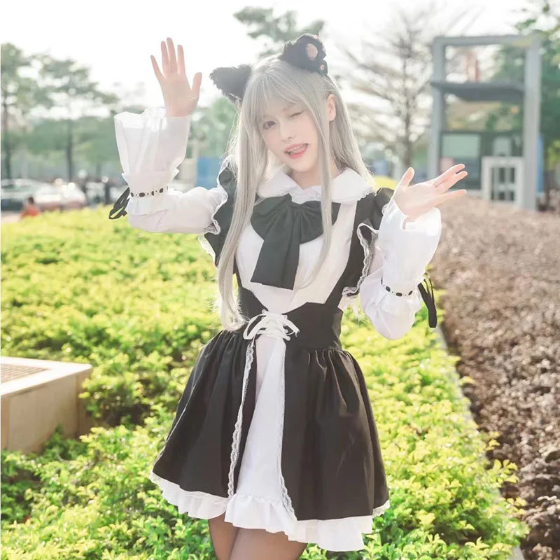 Robe de soirée de carnaval coréen pour hommes et femmes, jupe à nœud sexy, fille chat, dentelle noire et blanche, uniforme de femme de chambre Lolita Kawaii, ensemble lapin