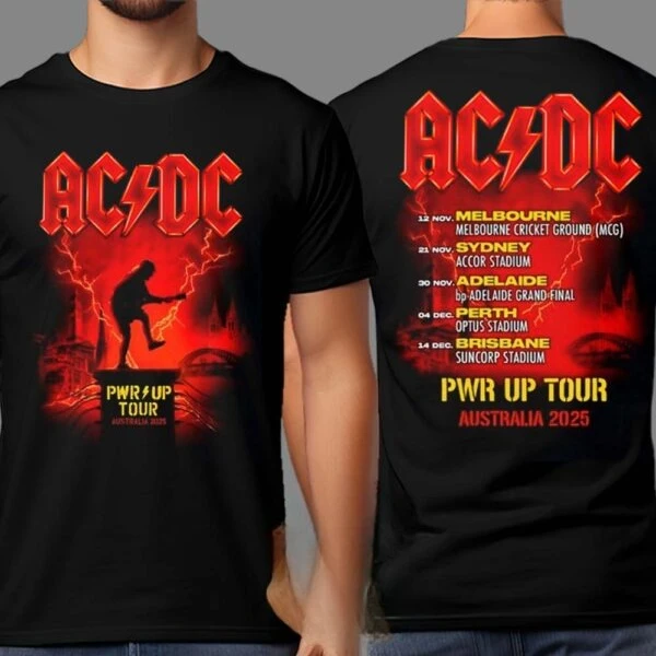 تي شيرت AC DC PWR UP Australia Tour 2025 للبضائع مع قائمة التواريخ لشهر نوفمبر وديسمبر تي شيرت مطبوع على الوجهين للجنسين