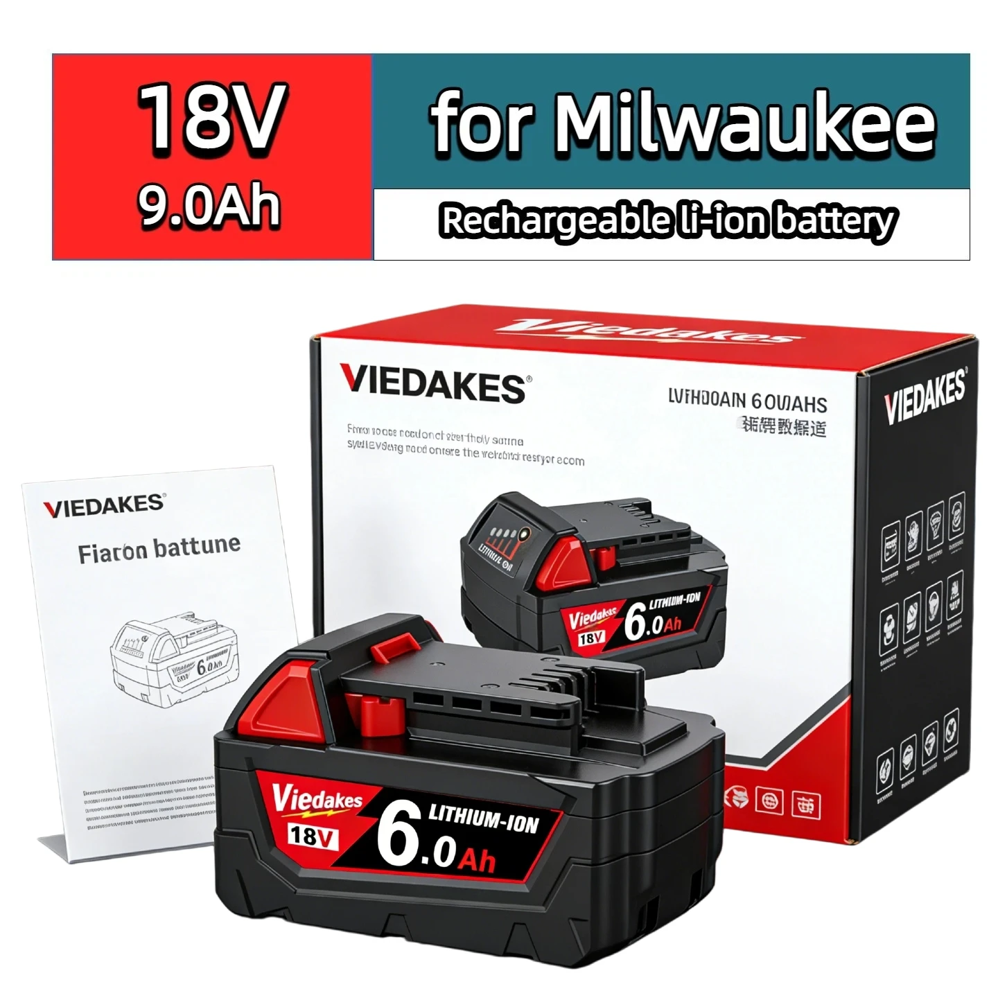 18V 9Ah Rechargeable 18650 Battery Viedakes Original for Milwaukee Battery Fit M18 48-11-1850 XC