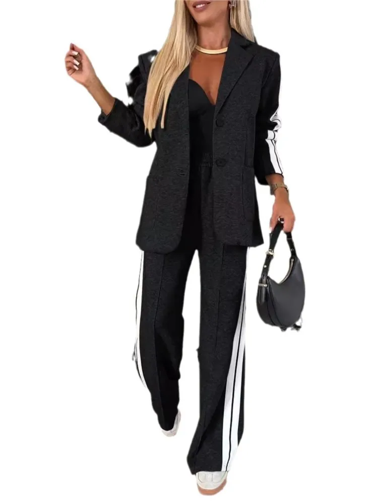 Autumn Winter Fashion OL Two Piece Set Women Casual Button Slim Striped Suit Jacket Long Pants Two Piece Set Women