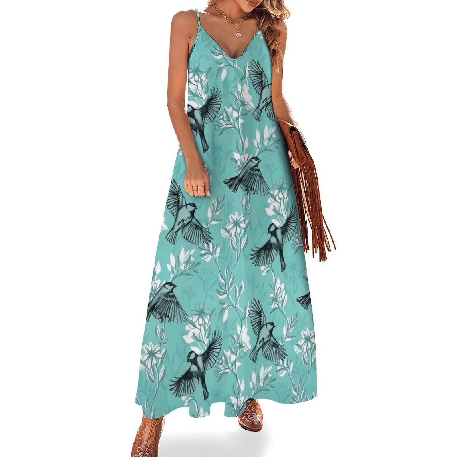 

Birds Flower Dress Vintage Print Aesthetic V Neck Boho Beach Long Dresses Ladies Printed Elegant Maxi Dress Big Size 4XL 5XL