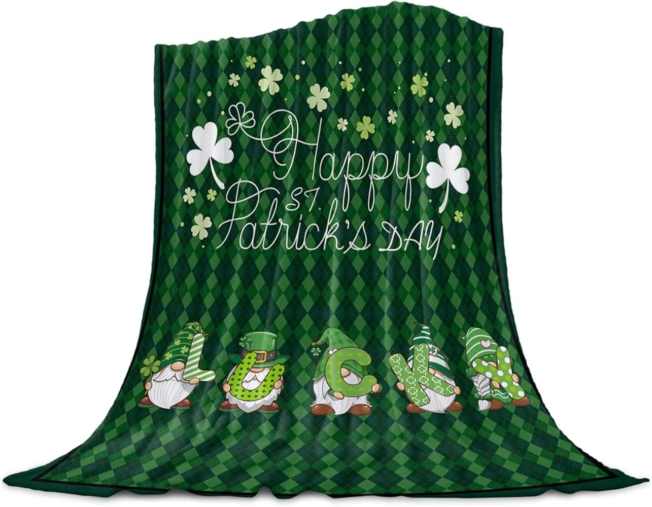 St. Patrick's Day Cozy Soft Fleece Blankets, Happy St. Patrick's Day Green Buffalo Check Flannel Decorative Throw Blankets