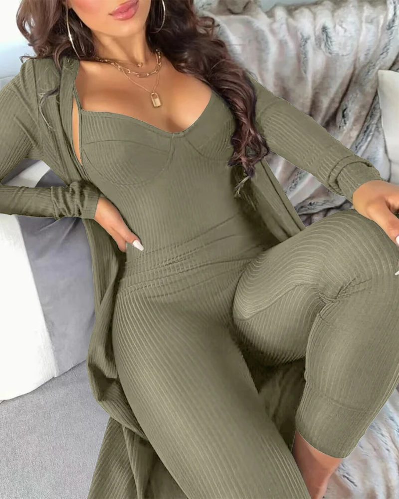 

Women's Two Piece Solid Color Pit Stripe V-cut Spaghetti Strap High Waist Skinny Jumpsuit with Long Sleeve Longline Cardigan