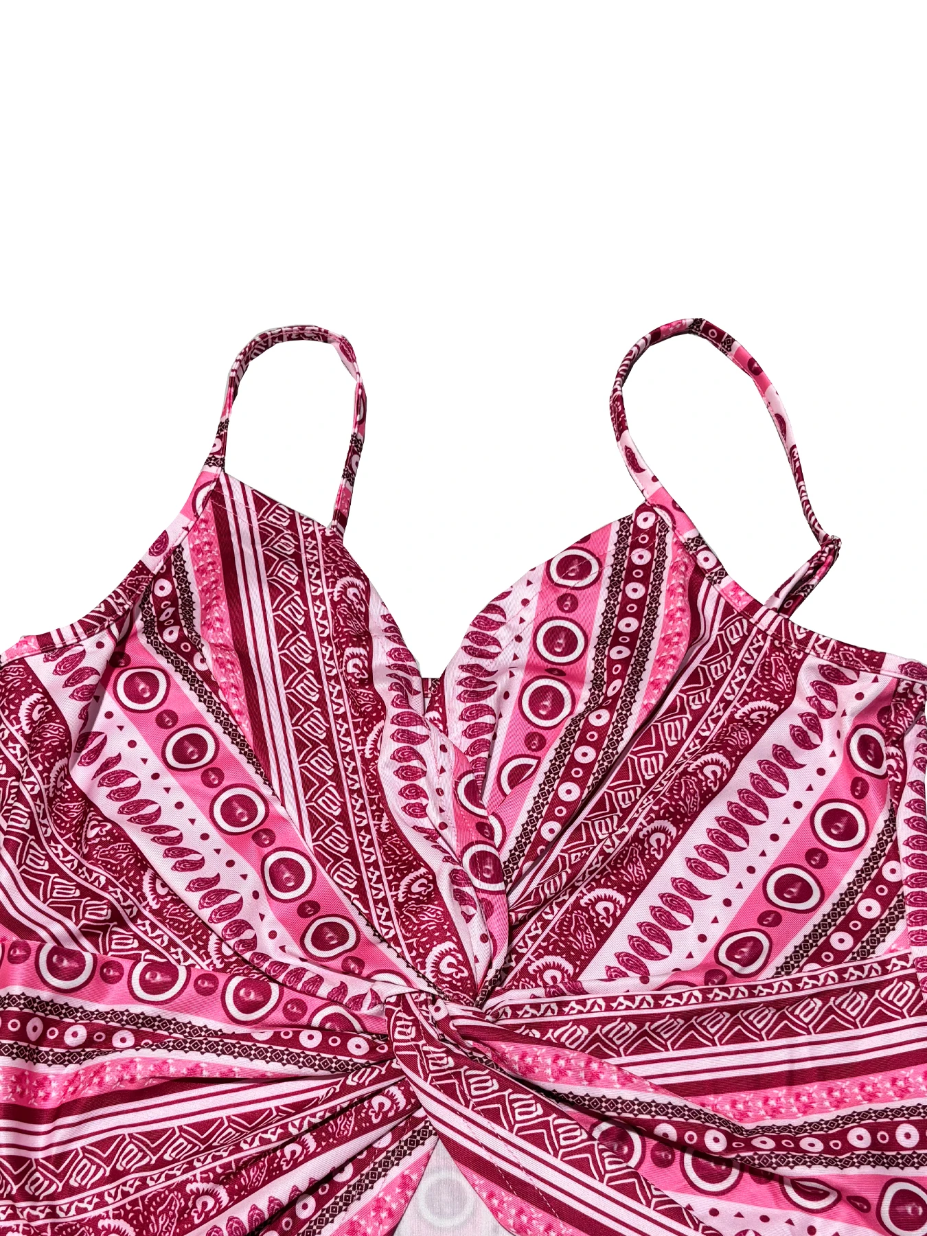Sexy Damen-Camisole-Top mit V-Ausschnitt, Kettenmuster auf der Vorderseite und gedrehtem Rücken, aus Polyester-Stoff mit Spaghettimuster. – Detail 20