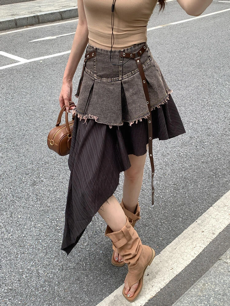 RORORIRI レトロスプライシング不規則なデニムミニスカート女性ハイウエストベルト生エッジプリーツ非対称スカートゴシックパンクストリート