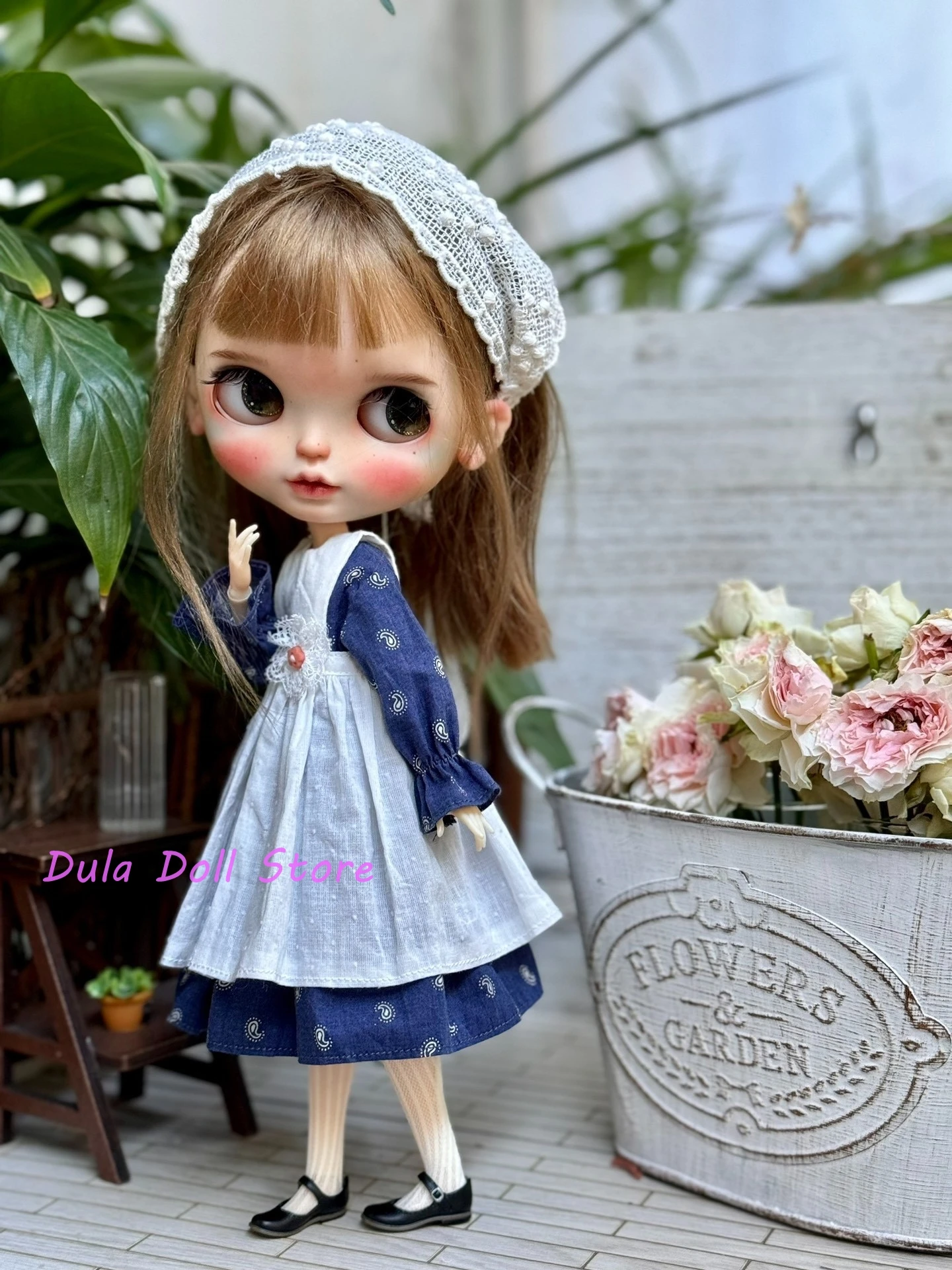 

Одежда для куклы Dula, платье в стиле ретро, синее платье и фартук Blythe Landazz Landoudou Qbaby ob24 ob22 Licca ICY JerryB 1/6 Doll