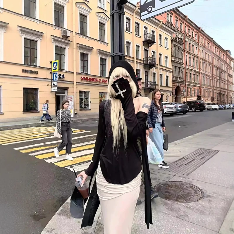 2025 Gothic Retro Sweet Street Fashion Casual Women's Top Harajuku Cross Print Punk Slim Fit Long Sleeve T-shirt Y2K Clothing