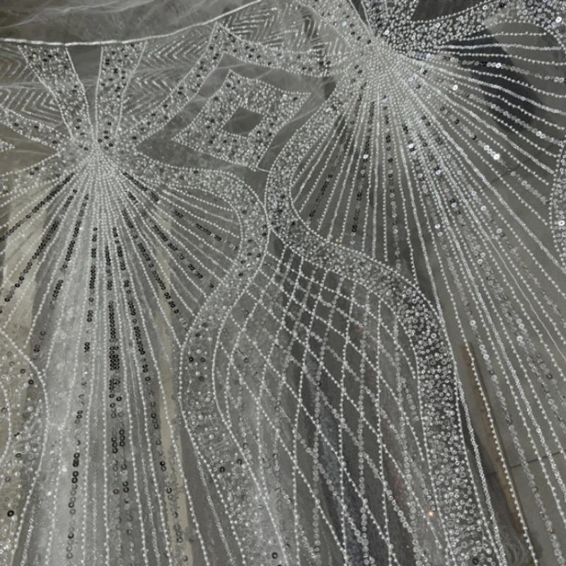 

Nail Bead Embroidery Sequin Lace Yarn Fabric for Perspective Wedding Dress Design Fashion Cloth Diy By The Meter Sewing Material