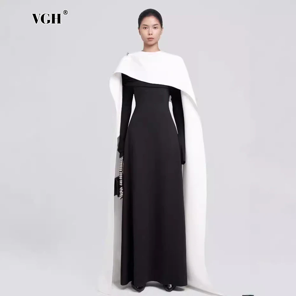 

VGH Formal Dresses Suit For Women Irregular Shawl Coats Hollow Out Folds Slash Neck Long Sleeve High Waist Dress Slim Set Female