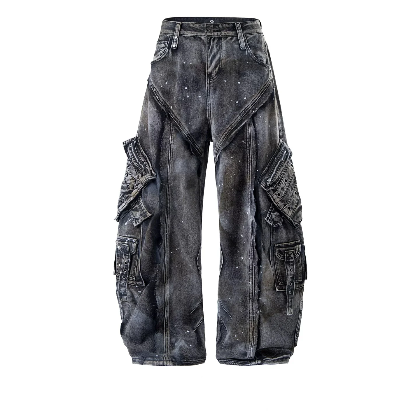 

American Style Heavy Washing Ink Jet Splicing Design Zipper Multi-Pocket Knife Jeans For Man Loose Wide Leg Length Pants