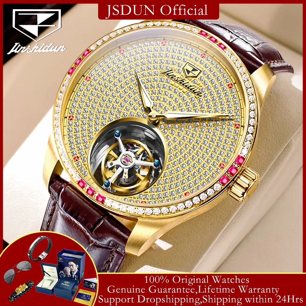 

JSDUN Luxury Tourbillon Automatic Mechanical Watch for Men Genuine Leather Strap Sapphire Mirror Full Diamond Top Man Wristwatch