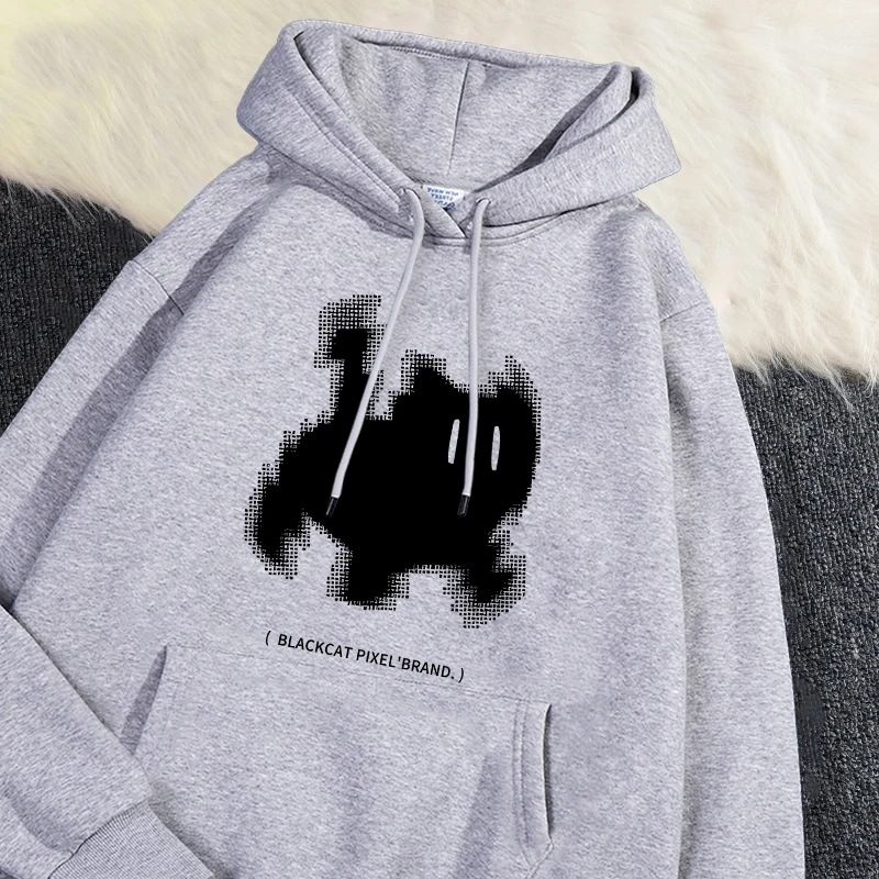 Fashion Womans Hoodie Black Cat Pixel Cartoons Print Pullover Breathable Loose Pocket Warm Sweatshirt Autumn Winter Sportswear