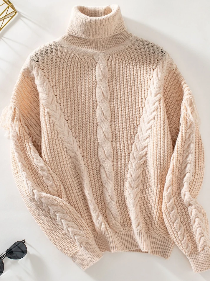 Women's Retro Style Sweater 2025 Autumn Winter Latest Solid Tassel Twill Pullover Long Sleeved Knit High Neck Loose Fit Top