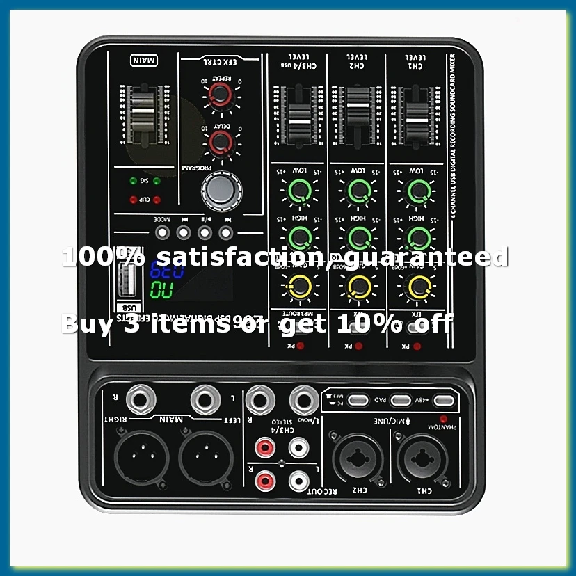 4 Channel Audio Mixer 48V Phantom Power USB Studio Sound Mixers Bluetooth DJ Console Mixing for Karaok-DT30