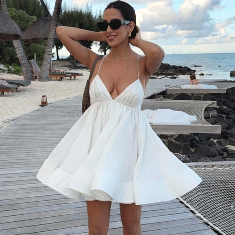

Ticketsx Sexy Plunge Summer Dress Fashion Solid Lace Up Ruched Patchwork Women's Dress Elegant New Backless Party Vacation Dress