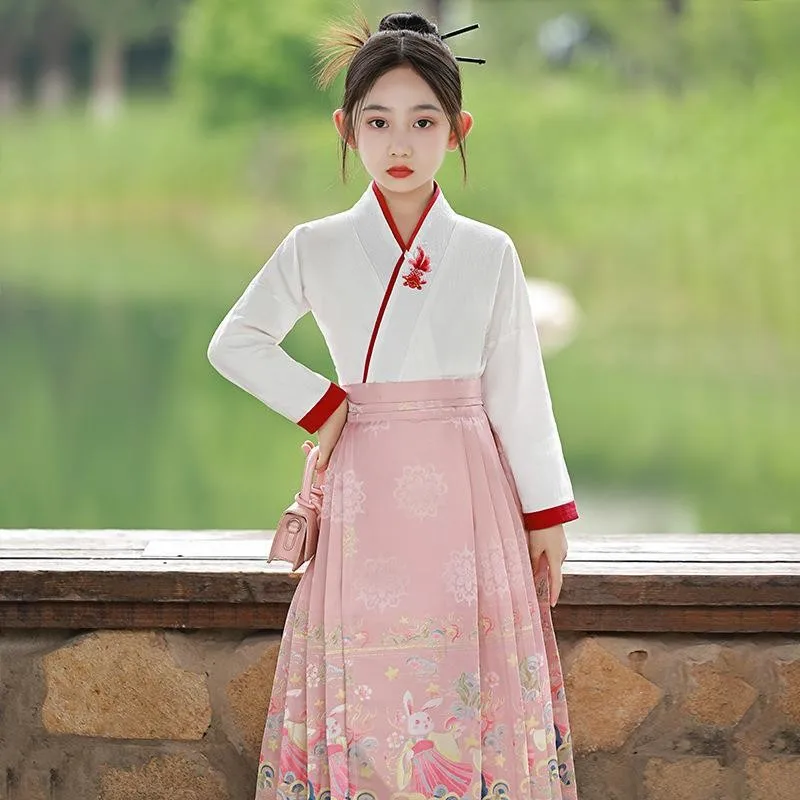 2023 New Arrival Vintage Chinese Hanfu Dress For Girls Traditional Embroidery Horse-face Skirt For Kids Princess Christmas Gift