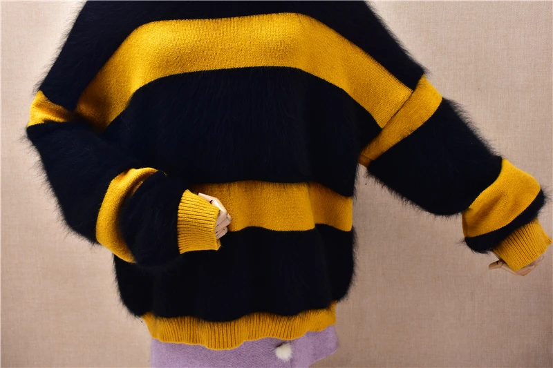 Damen Frauen Herbst Winter Mode Gestreiften Haarigen Nerz Kaschmir Gestrickte Oansatz Langen Ärmeln Lose Pullover Pullover Jumper Pull