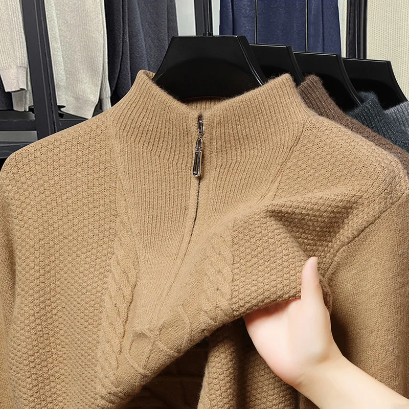 

Осень-зима 2022, новый мужской свитер с половиной молнии, пуловер с воротником-стойкой, деловой повседневный вязаный теплый пуловер