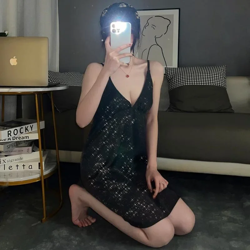 3XL 150 كجم حجم كبير الخامس الرقبة الحمالة ثوب النوم المرأة الصيف Homewear بلا أكمام فستان نوم صغير الملابس الداخلية اضافية كبيرة ملابس خاصة