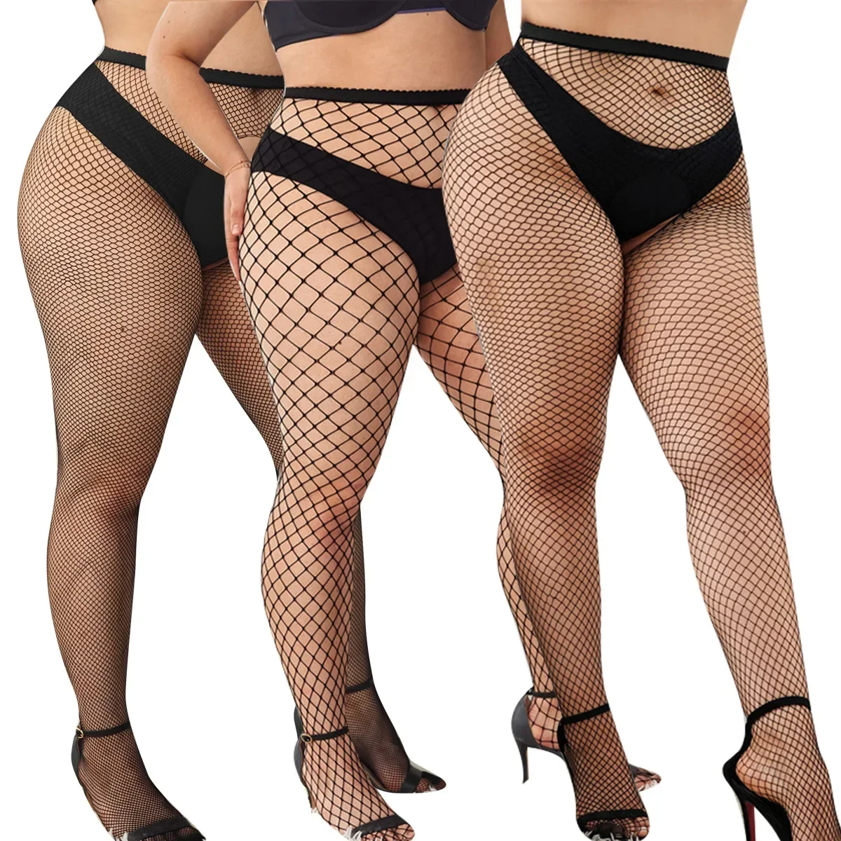 Plus Size Pantyhose Tights Thigh High Black Sexy Lace XXXXXL Oversize Underwear Fishnet Stockings with Garter Belt for Women XXL