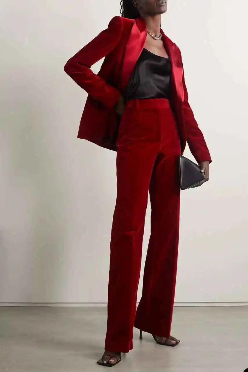 

Red Velvet Women Suit Set 2 Piece Blazer+Pants Autumn Winter Formal Office Lady Jacket Wedding Guest Coat Customized