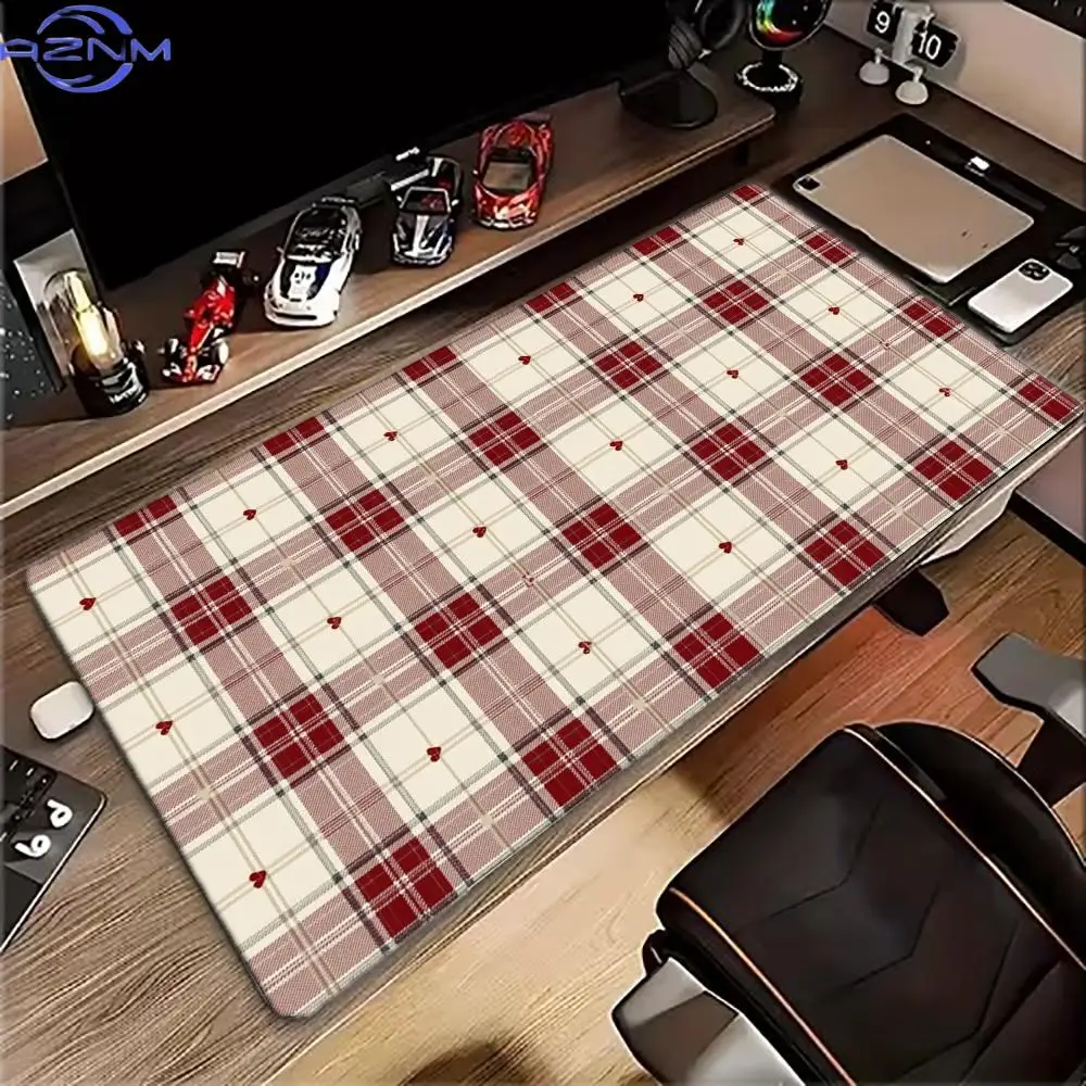 Red Plaid Heart Pattern Large Mouse Pad Non-Slip Rubber Base Retro Checkered Extended Desk Mouse Mat  Aesthetic Laptop Table Pad