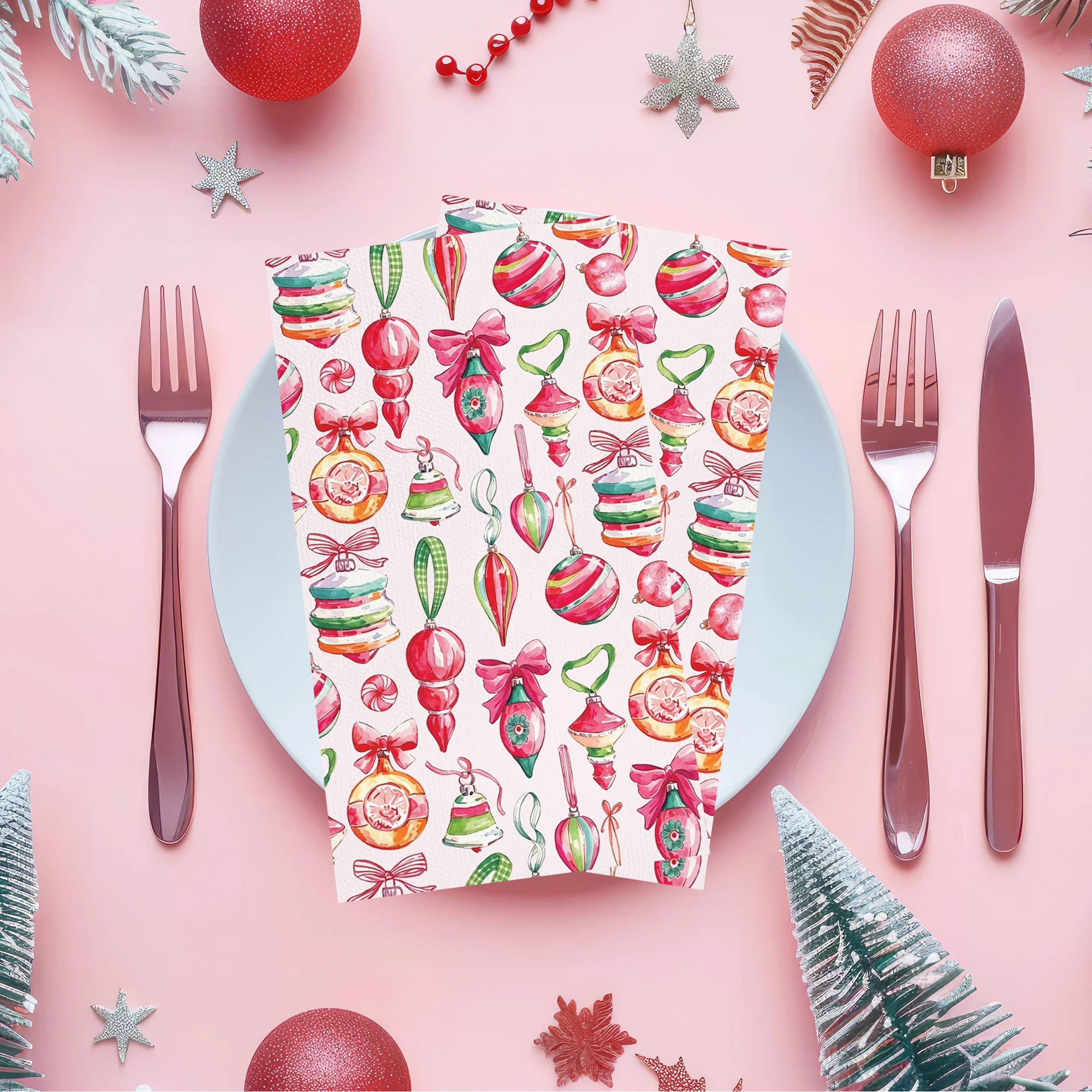 20/40/60/80Pcs Christmas Xmas Ornament Balls Print Disposable Paper Napkins Pink Bow Pattern for Xmas Party Table Supplies