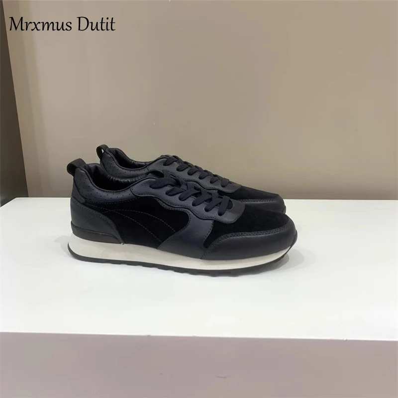 Mrxmus Dutit 2024 Fashion Men New Genuine Leather Round Neck Lacing Shoes Versatile Casual Solid Simple Commute Sneakers Male